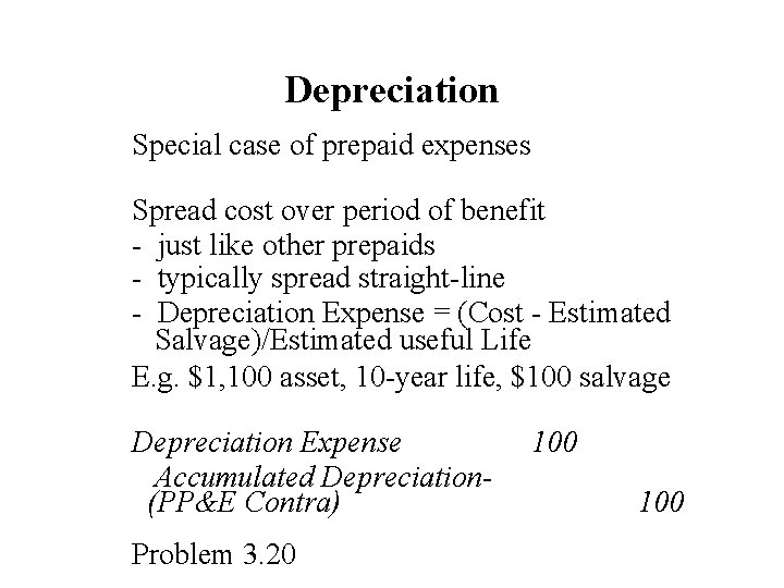 Depreciation Special case of prepaid expenses Spread cost over period of benefit - just