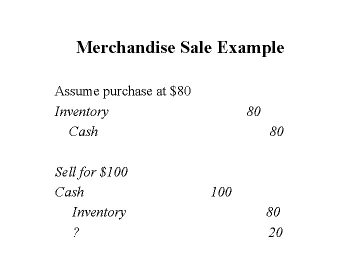 Merchandise Sale Example Assume purchase at $80 Inventory Cash Sell for $100 Cash Inventory