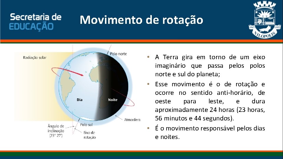 Movimento de rotação • A Terra gira em torno de um eixo imaginário que