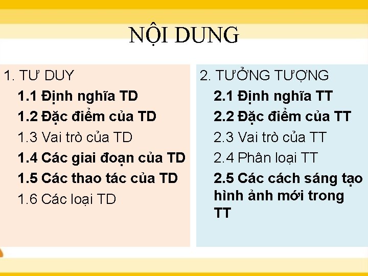 NỘI DUNG 1. TƯ DUY 2. TƯỞNG TƯỢNG 1. 1 Định nghĩa TD 2.