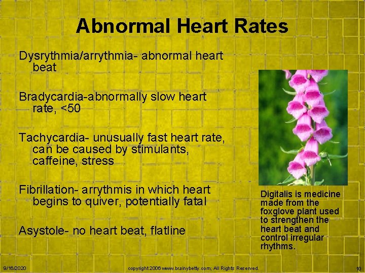 Abnormal Heart Rates Dysrythmia/arrythmia abnormal heart beat Bradycardia-abnormally slow heart Bradycardia rate, <50 Tachycardia-