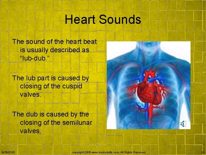 Heart Sounds The sound of the heart beat is usually described as “lub-dub. ”