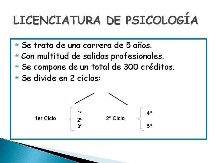 LICENCIATURA DE PSICOLOGÍA Se trata de una carrera de 5 años. Con multitud de