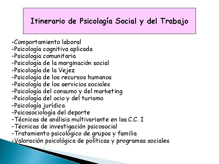 Itinerario de Psicología Social y del Trabajo -Comportamiento laboral -Psicología cognitiva aplicada -Psicología comunitaria