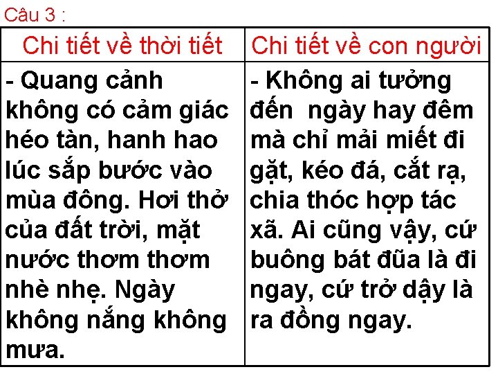 Câu 3 : Chi tiết về thời tiết - Quang cảnh không có cảm