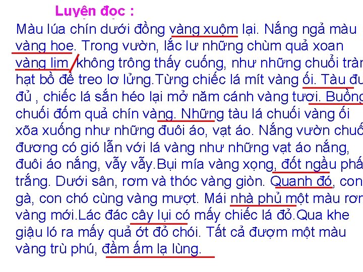 Luyện đọc : Màu lúa chín dưới đồng vàng xuộm lại. Nắng ngả màu