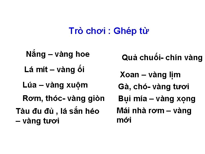 Trò chơi : Ghép từ Nắng – vàng hoe Lá mít – vàng ối