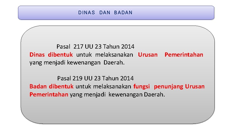 DINAS DAN BADAN Pasal 217 UU 23 Tahun 2014 Dinas dibentuk untuk melaksanakan Urusan