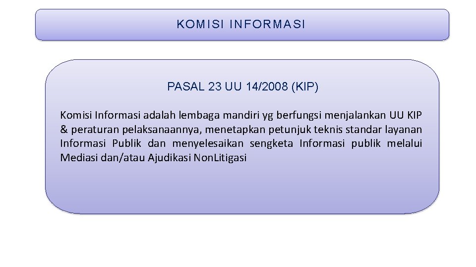 KOMISI INFORMASI PASAL 23 UU 14/2008 (KIP) Komisi Informasi adalah lembaga mandiri yg berfungsi