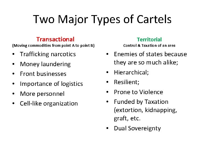 Two Major Types of Cartels Transactional (Moving commodities from point A to point B)