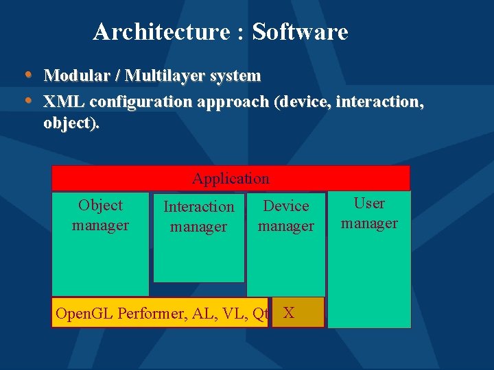 Architecture : Software • Modular / Multilayer system • XML configuration approach (device, interaction,
