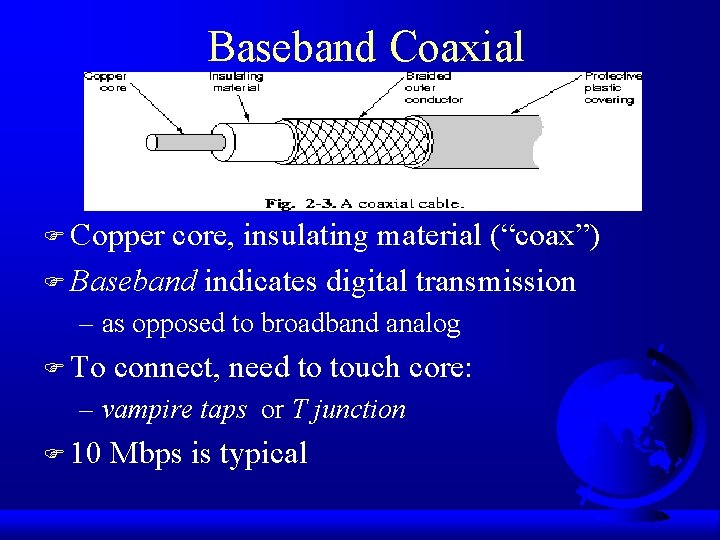 Baseband Coaxial F Copper core, insulating material (“coax”) F Baseband indicates digital transmission –