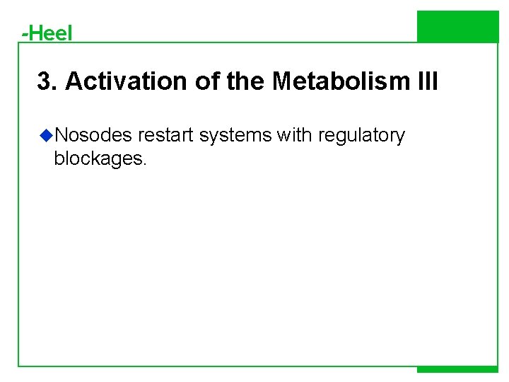 -Heel 3. Activation of the Metabolism III u. Nosodes restart systems with regulatory blockages.