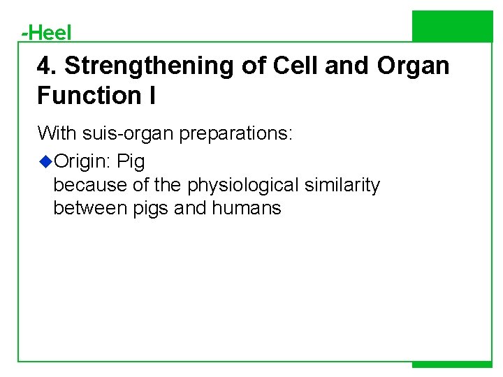 -Heel 4. Strengthening of Cell and Organ Function I With suis-organ preparations: u. Origin:
