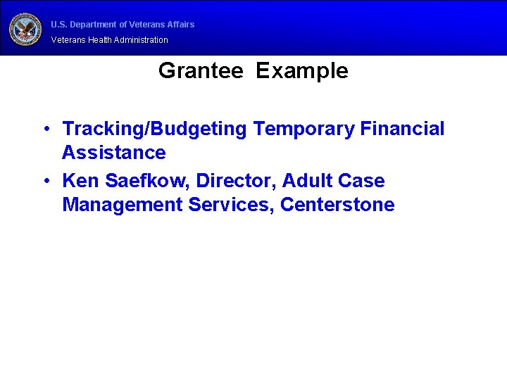 U. S. Department of Veterans Affairs Veterans Health Administration Grantee Example • Tracking/Budgeting Temporary