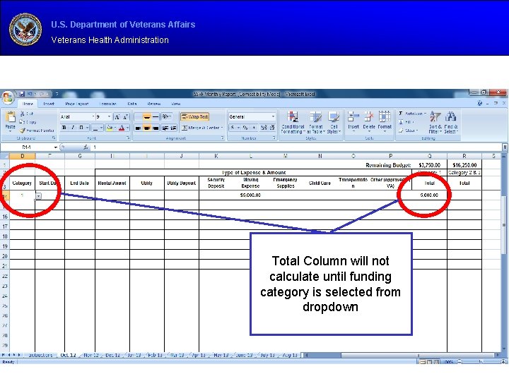 U. S. Department of Veterans Affairs Veterans Health Administration Total Column will not calculate