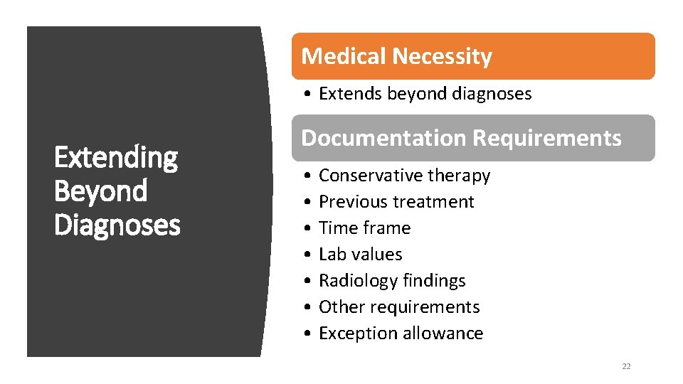 Medical Necessity • Extends beyond diagnoses Extending Beyond Diagnoses Documentation Requirements • Conservative therapy