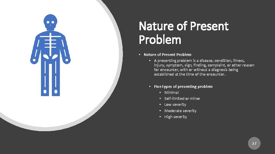 Nature of Present Problem • A presenting problem is a disease, condition, illness, injury,