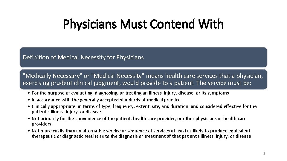Physicians Must Contend With Definition of Medical Necessity for Physicians "Medically Necessary" or "Medical