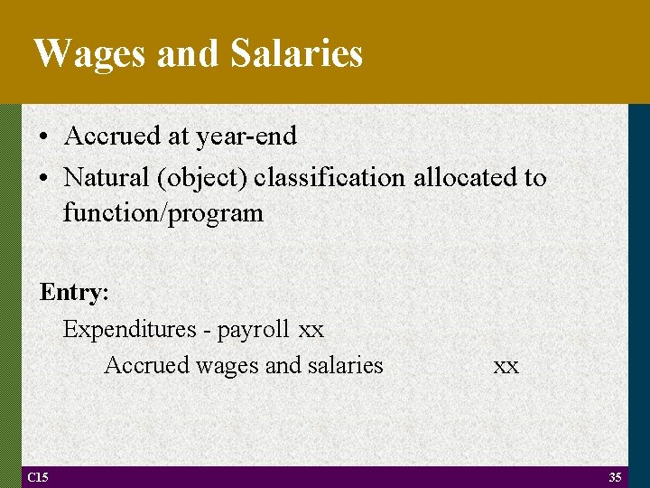 Wages and Salaries • Accrued at year-end • Natural (object) classification allocated to function/program