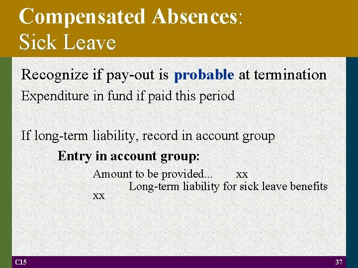 Compensated Absences: Sick Leave Recognize if pay-out is probable at termination Expenditure in fund