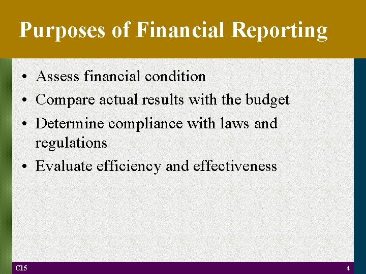 Purposes of Financial Reporting • Assess financial condition • Compare actual results with the