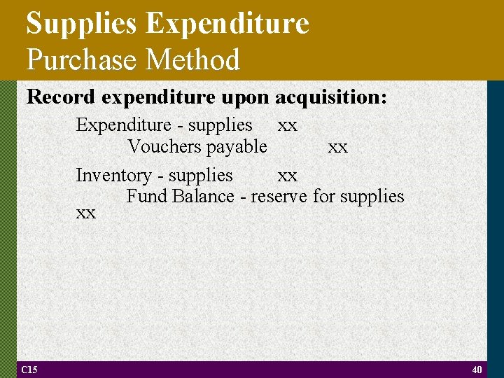 Supplies Expenditure Purchase Method Record expenditure upon acquisition: Expenditure - supplies xx Vouchers payable