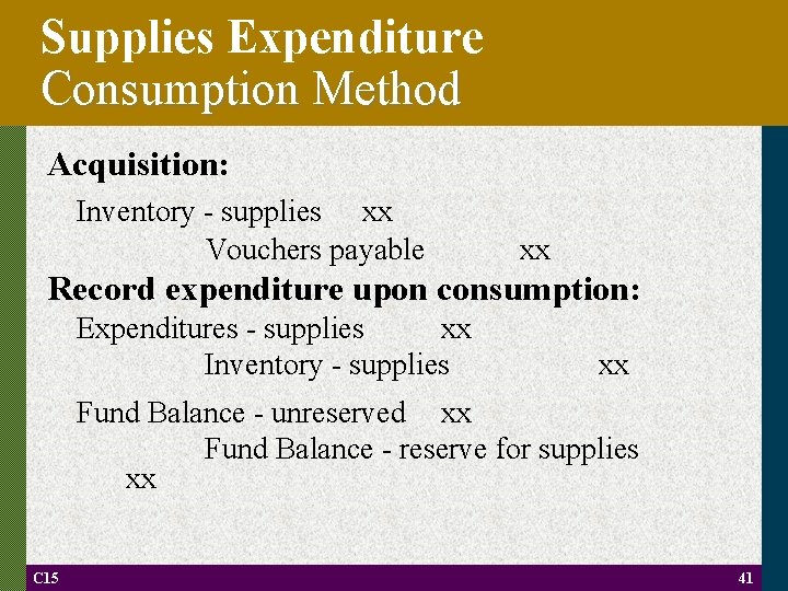 Supplies Expenditure Consumption Method Acquisition: Inventory - supplies xx Vouchers payable xx Record expenditure