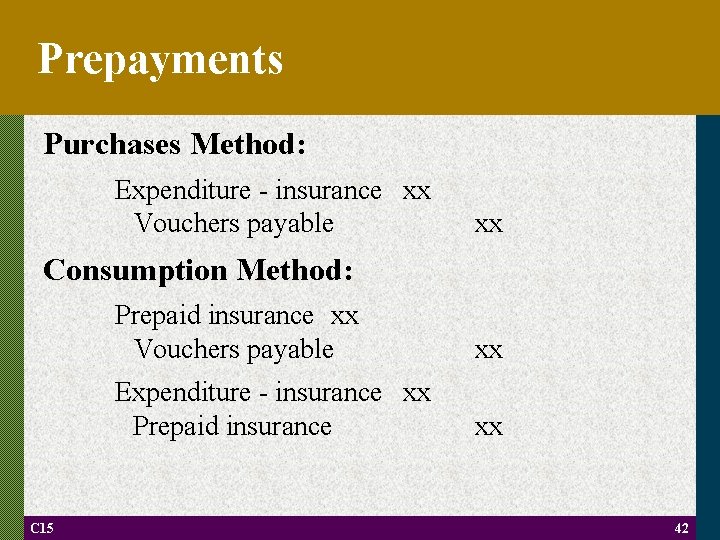 Prepayments Purchases Method: Expenditure - insurance xx Vouchers payable xx Consumption Method: C 15