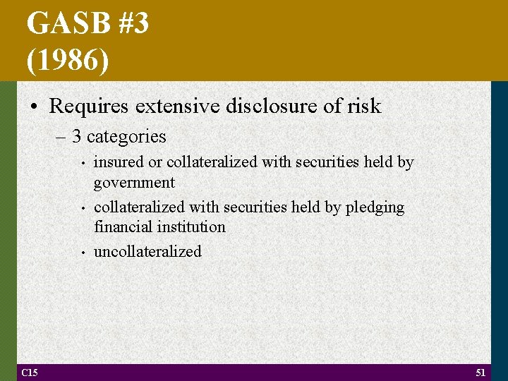 GASB #3 (1986) • Requires extensive disclosure of risk – 3 categories • •