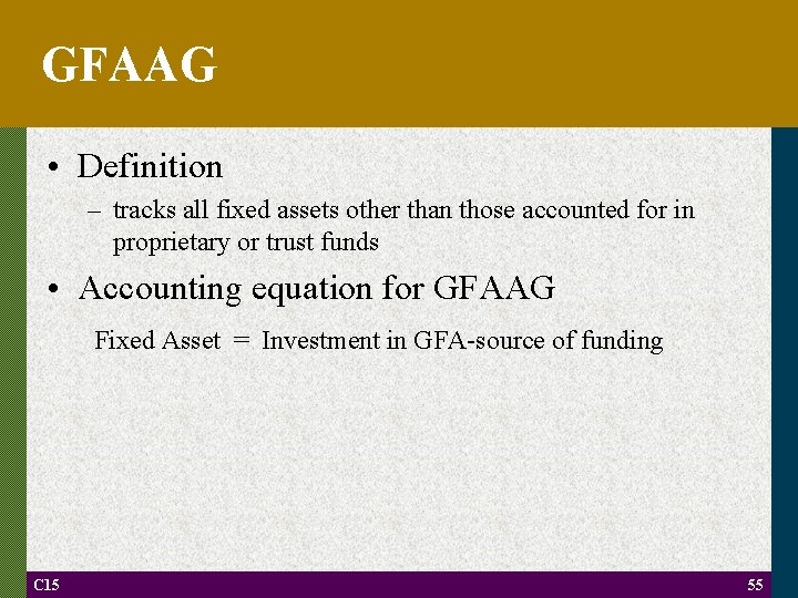 GFAAG • Definition – tracks all fixed assets other than those accounted for in
