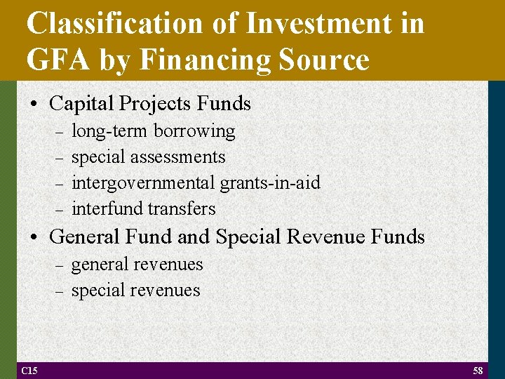 Classification of Investment in GFA by Financing Source • Capital Projects Funds – –