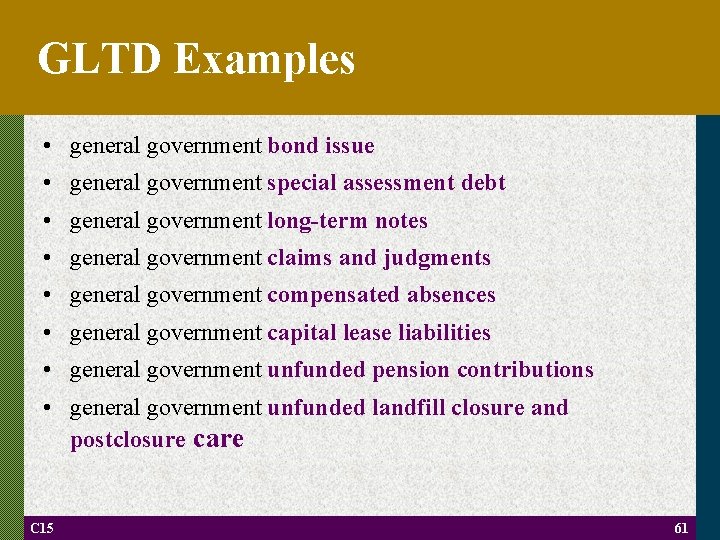 GLTD Examples • general government bond issue • general government special assessment debt •