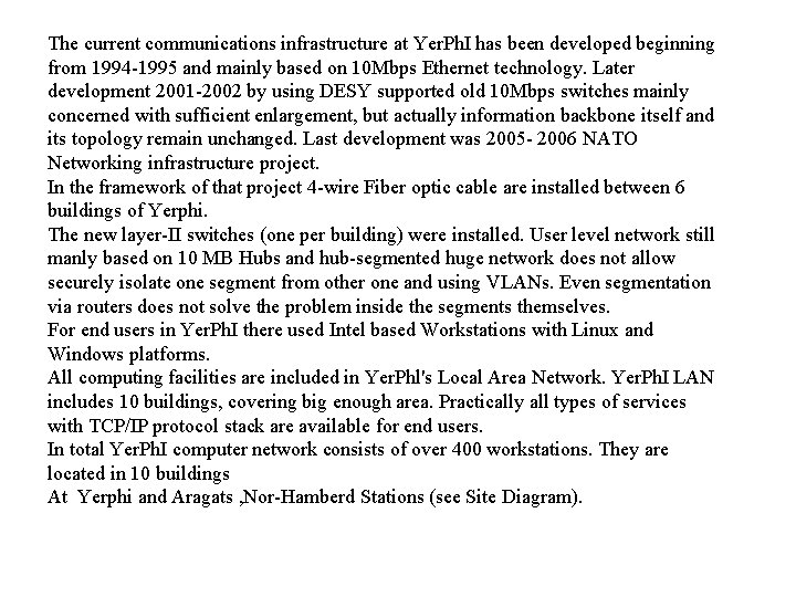 The current communications infrastructure at Yer. Ph. I has been developed beginning from 1994