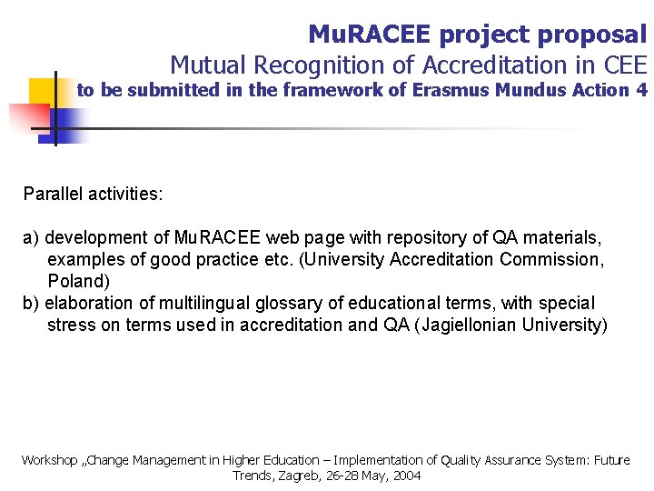 Mu. RACEE project proposal Mutual Recognition of Accreditation in CEE to be submitted in