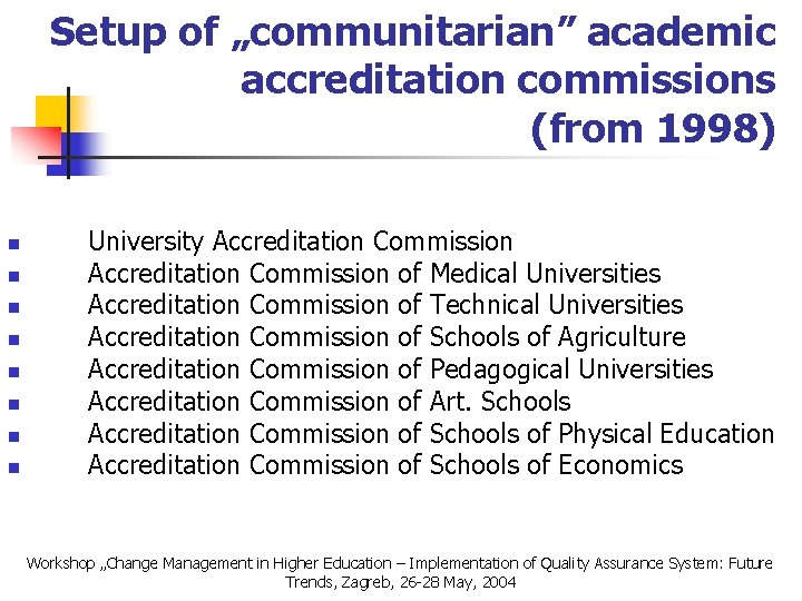 Setup of „communitarian” academic accreditation commissions (from 1998) n n n n University Accreditation