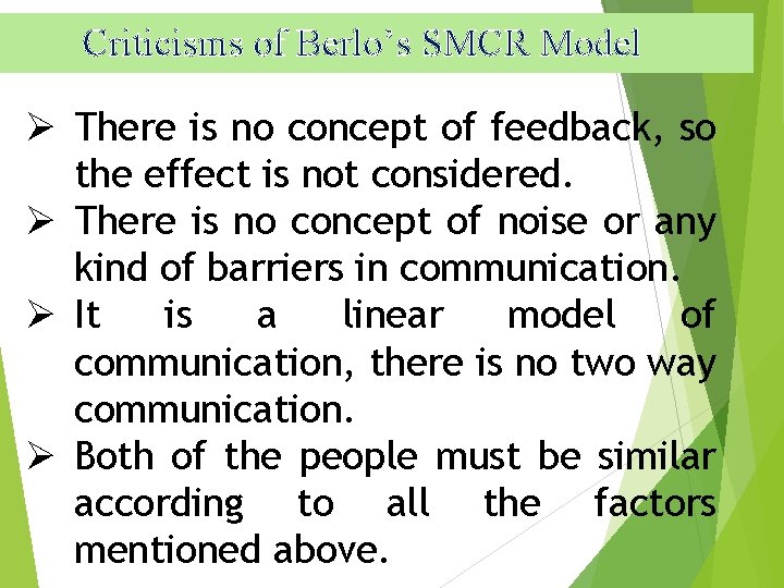 Criticisms of Berlo’s SMCR Model Ø There is no concept of feedback, so the