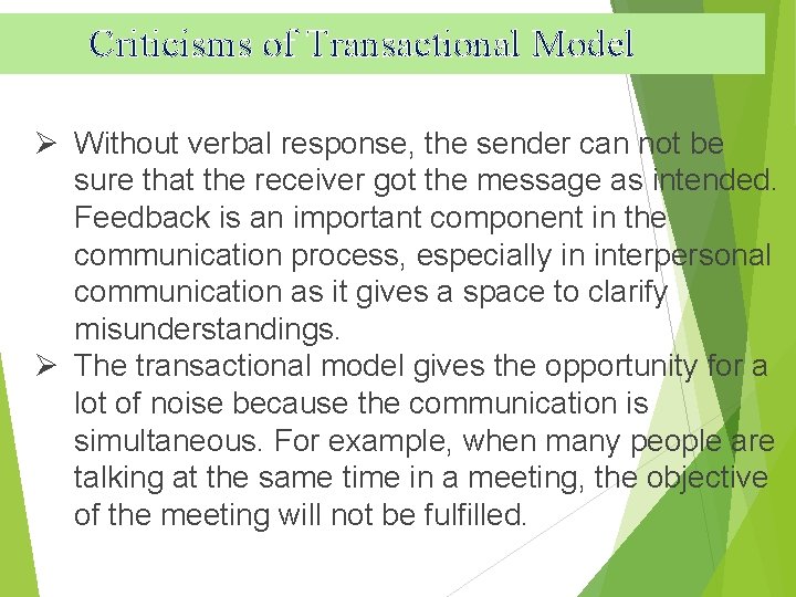 Criticisms of Transactional Model Ø Without verbal response, the sender can not be sure