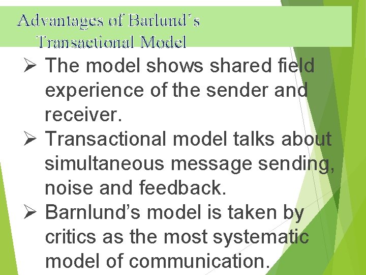  Advantages of Barlund’s Transactional Model Ø The model shows shared field experience of