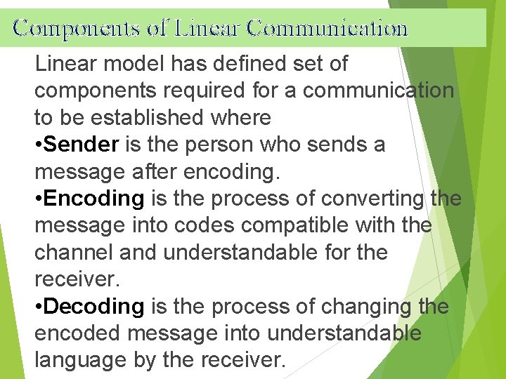 Components of Linear Communication Linear model has defined set of components required for a