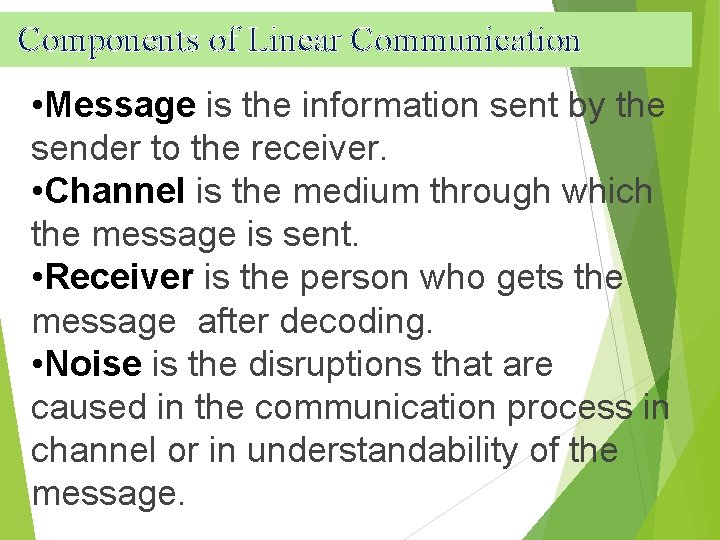 Components of Linear Communication • Message is the information sent by the sender to