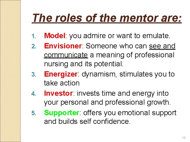 The roles of the mentor are: 1. 2. 3. 4. 5. Model: you admire