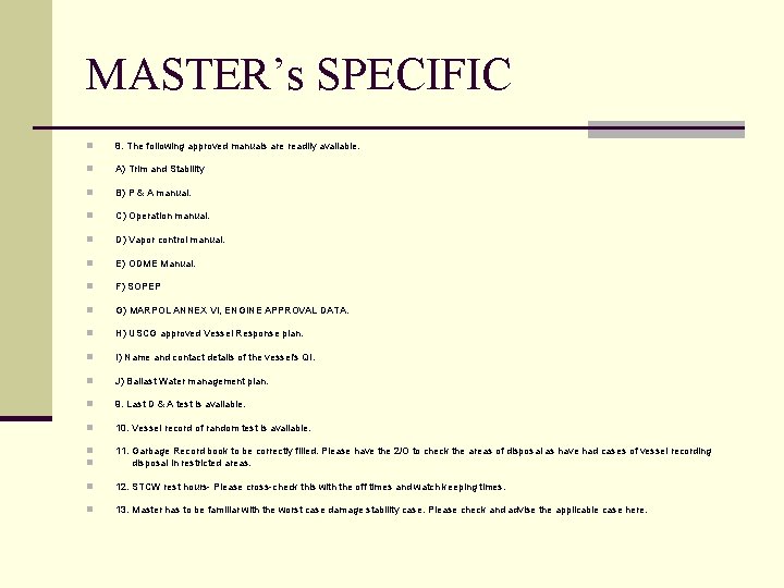 MASTER’s SPECIFIC n 8. The following approved manuals are readily available. n A) Trim