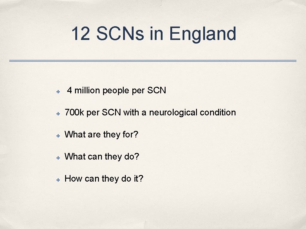 12 SCNs in England ✤ 4 million people per SCN ✤ 700 k per