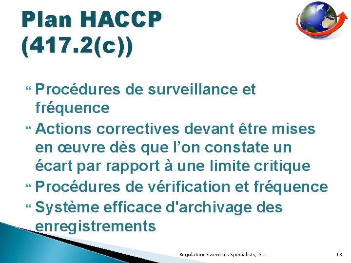 Plan HACCP (417. 2(c)) Procédures de surveillance et fréquence Actions correctives devant être mises