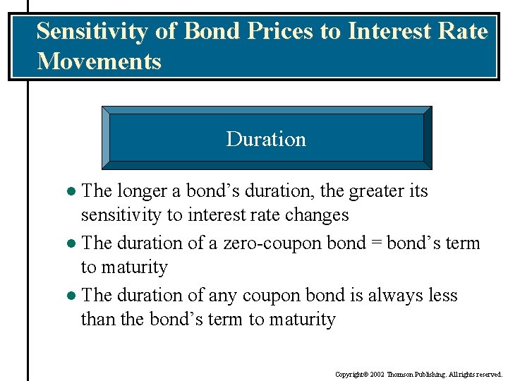 Sensitivity of Bond Prices to Interest Rate Movements Duration The longer a bond’s duration,