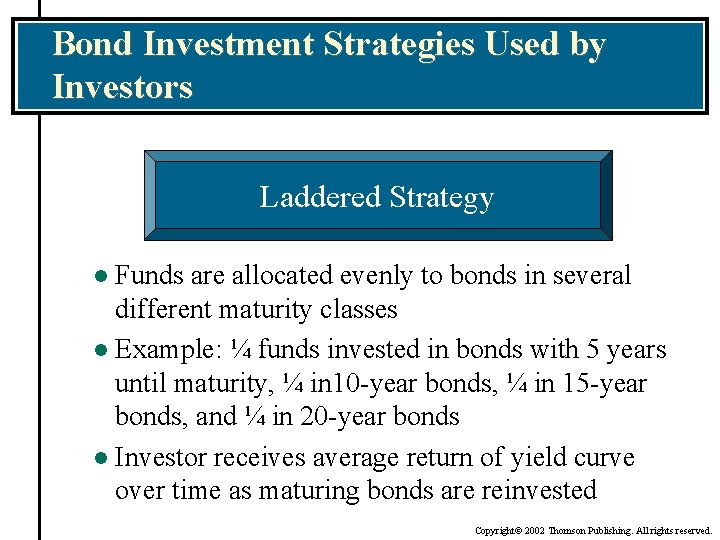 Bond Investment Strategies Used by Investors Laddered Strategy Funds are allocated evenly to bonds
