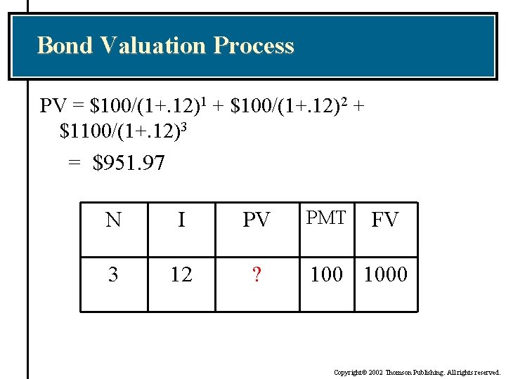 Bond Valuation Process PV = $100/(1+. 12)1 + $100/(1+. 12)2 + $1100/(1+. 12)3 =