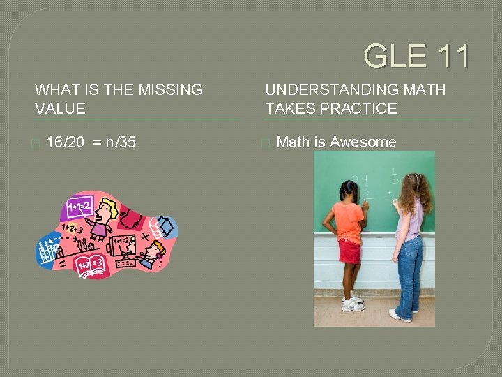 GLE 11 WHAT IS THE MISSING VALUE � 16/20 = n/35 UNDERSTANDING MATH TAKES