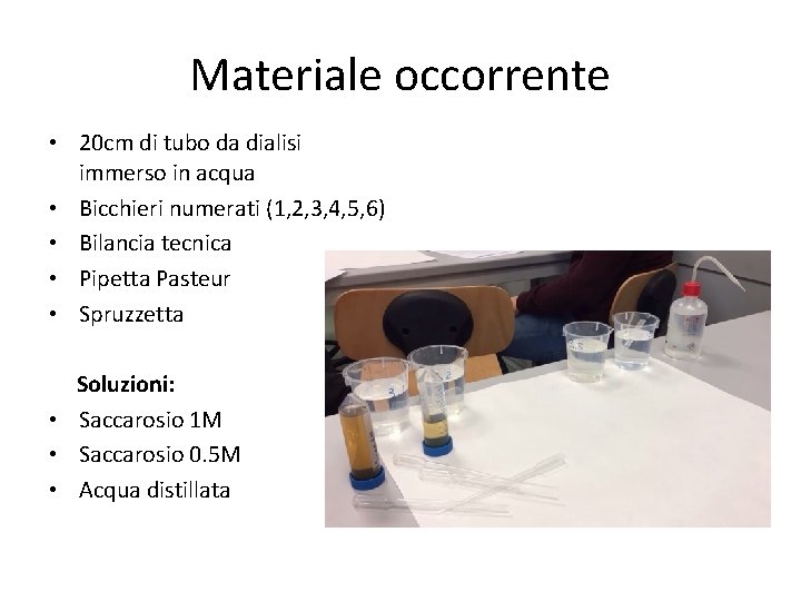 Materiale occorrente • 20 cm di tubo da dialisi immerso in acqua • Bicchieri Materiale occorrente • 20 cm di tubo da dialisi immerso in acqua • Bicchieri